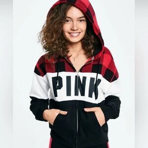 PINK Victoria’s Secret Plaid Sherpa Zip Hoodie S Red Black White Cozy